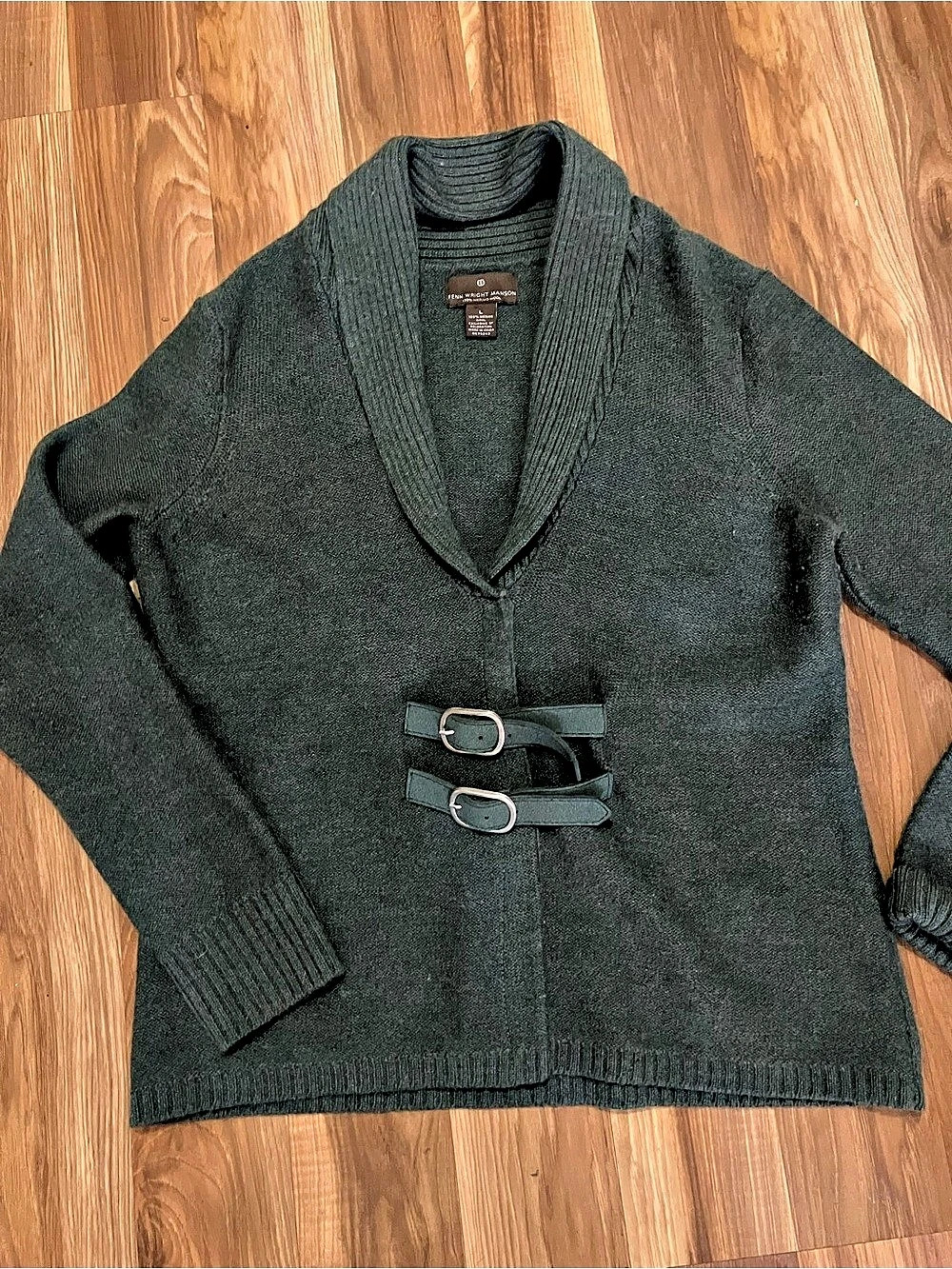 FENN WRIGHT MANSON Belted Cardigan in Green Size Large Like New 100% Wool